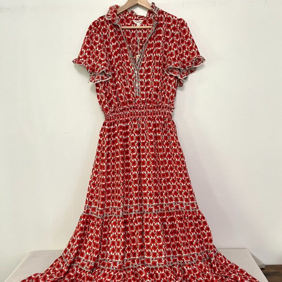 Max Studio Tiered Floral Maxi Dress Red Poppies Boho L NWT - Picture 1 of 6